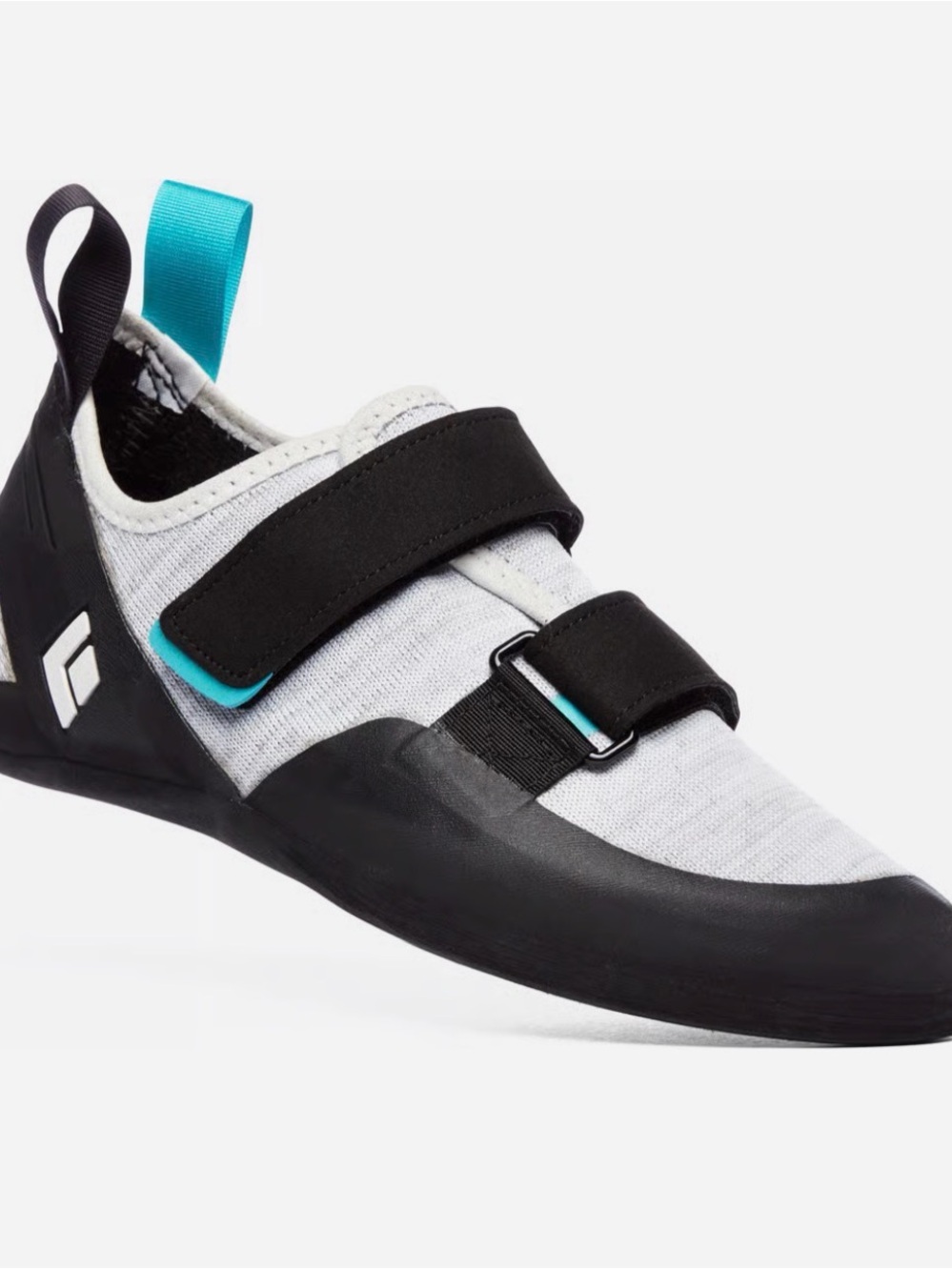 Female rock Climbing Shoe in Light Gray with Black & Teal Accents